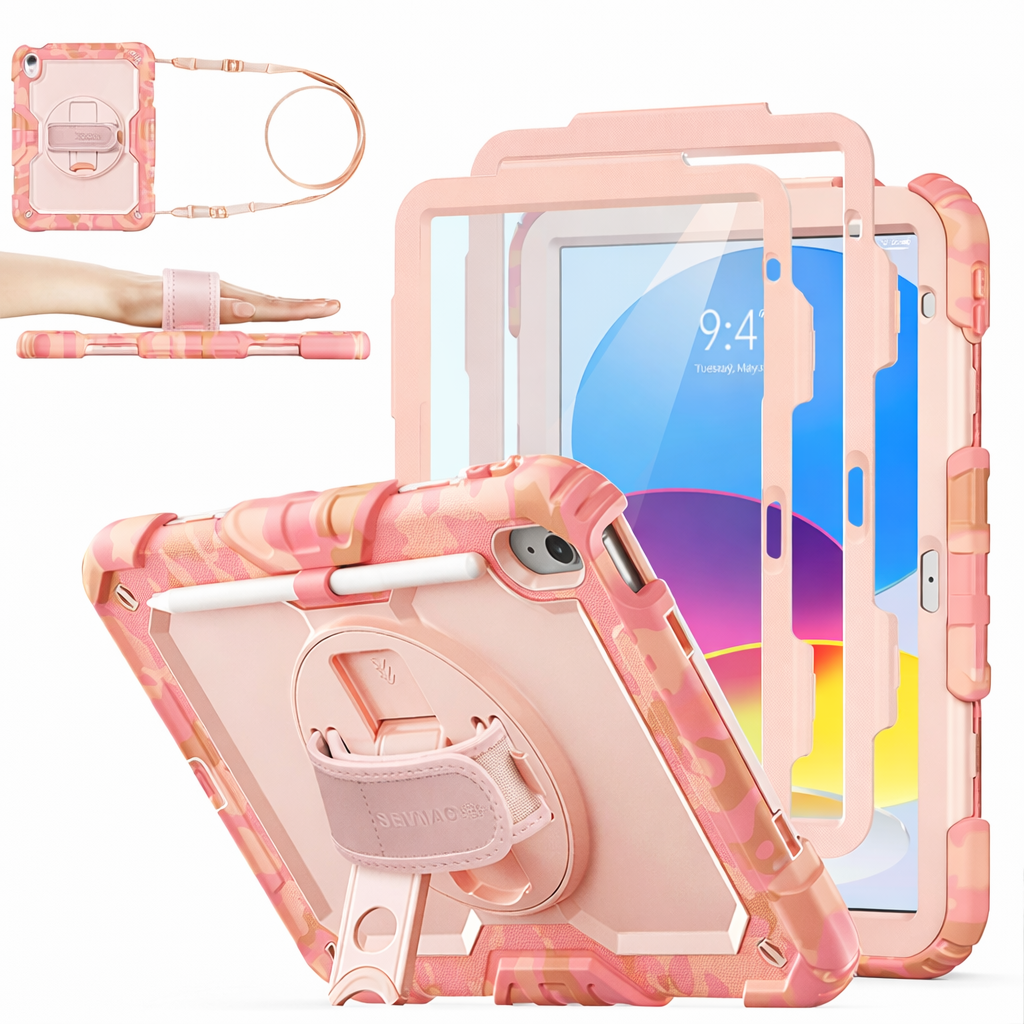 Heavy Duty Tablet Case – Pink Camo Shoulder Hand Strap Defender Shockproof Case with Stand | Protective Case