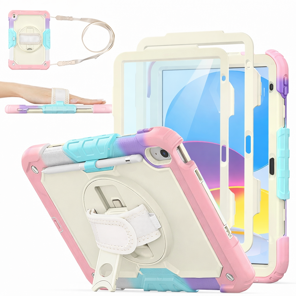 Heavy Duty Tablet Case – Rainbow Camo Shoulder Hand Strap Defender Shockproof Case with Stand | Protective Case