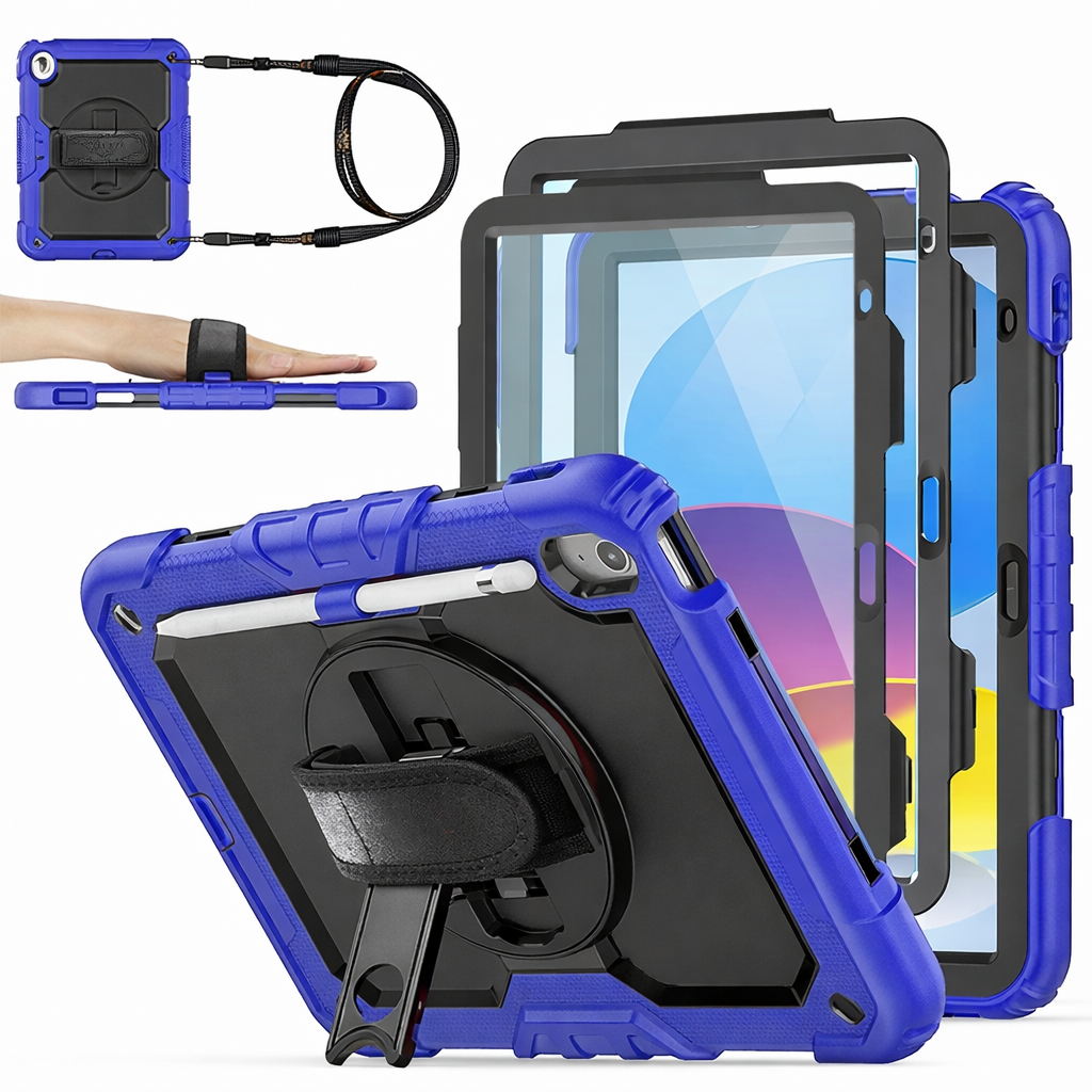 Heavy Duty Tablet Case – Blue Camo Shoulder Hand Strap Defender Shockproof Case with Stand | Protective Case for iPad Samsung Galaxy Tab, Gift for Him Her
