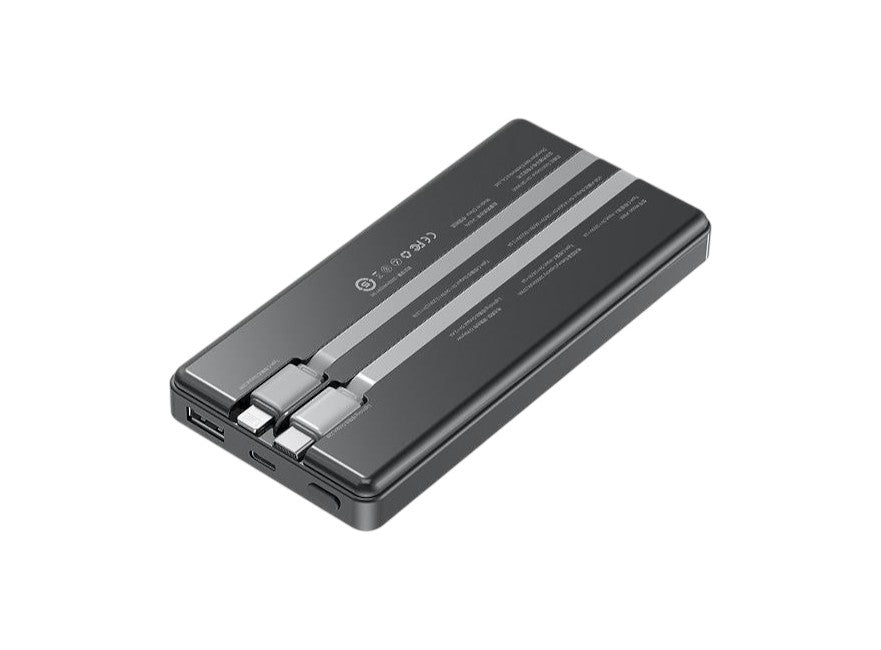 smart tech store Canada. premium tech accessories Canada. Techtron P88K 10000mAh 22.5W Power Bank. Gallery image 3. Techtron P88K portable power bank shown at an angled view with built-in cables and compact travel-friendly design. The unit shown matches Techtron P88K 10000mAh 22.5W Power Bank. Catalog studio frame 3 in the image series for this SKU.