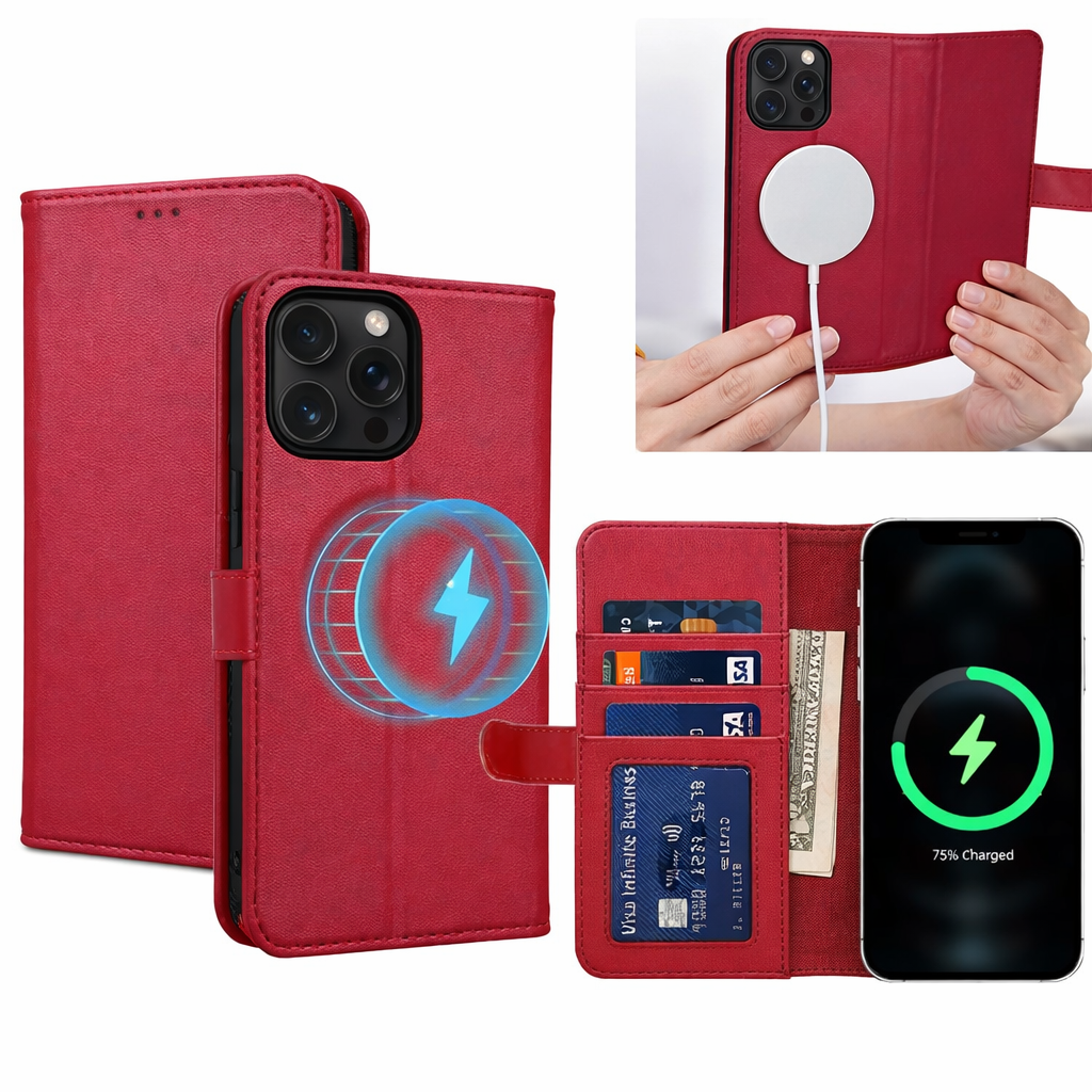 Wallet Phone Case – Red Leather Protective Cover with Wireless Charging Compatibility