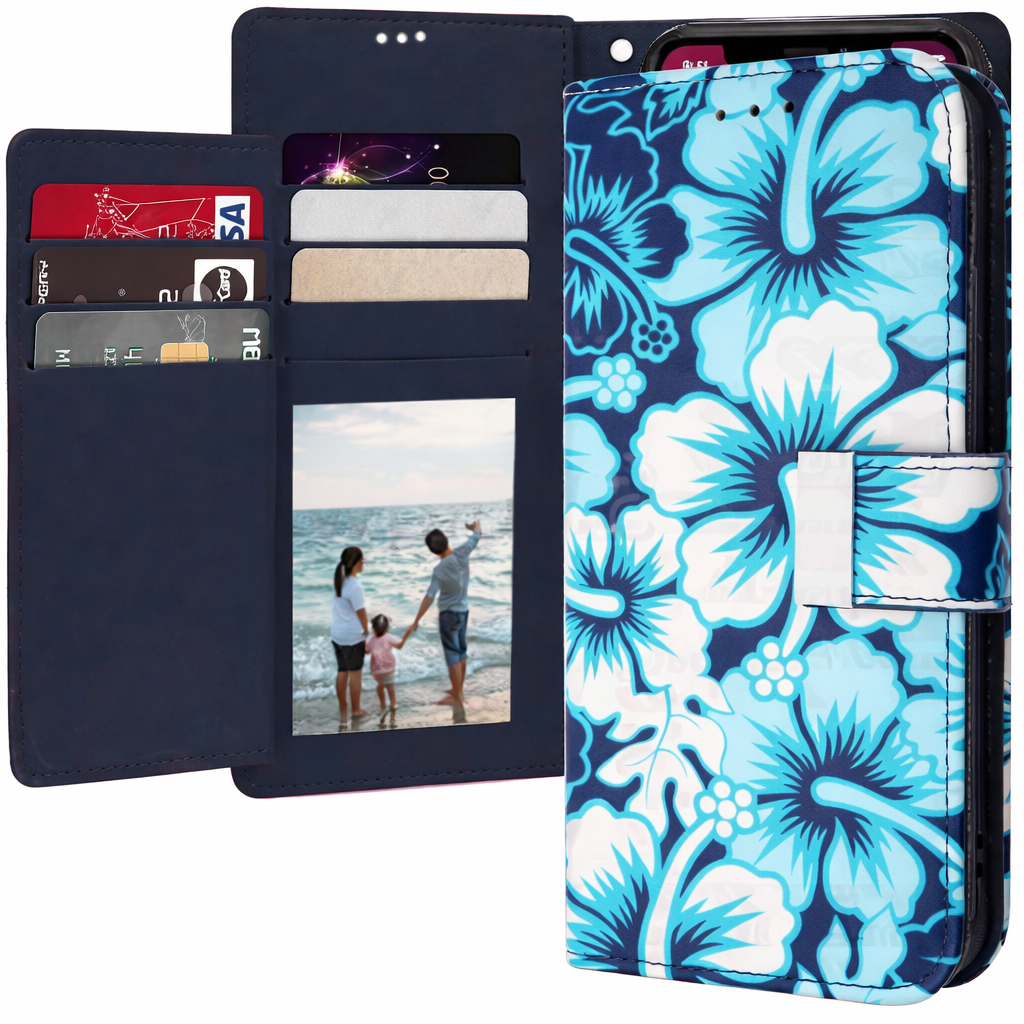 Multi-Card Wallet Phone Case – Blue Flower Protective Cover