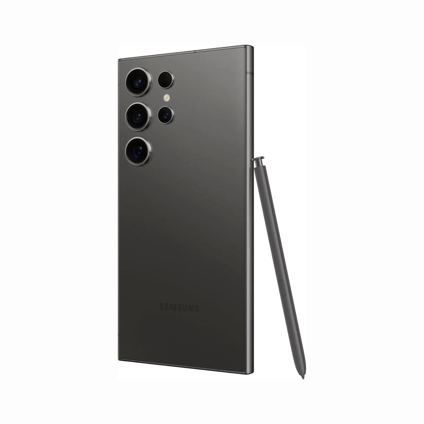 smart tech store Canada. next gen electronics shop. Premium Samsung Galaxy S24 Ultra. Gallery image 7. The smartphone is positioned at an angle, showcasing its sleek, matte black back. Four camera lenses are prominently displayed in a vertical arrangement, with a small LED flash above them. To the right, a stylus is leaning against the phone, matching its color. The background is a seamless white, providing a clean contrast that highlights the device's design.