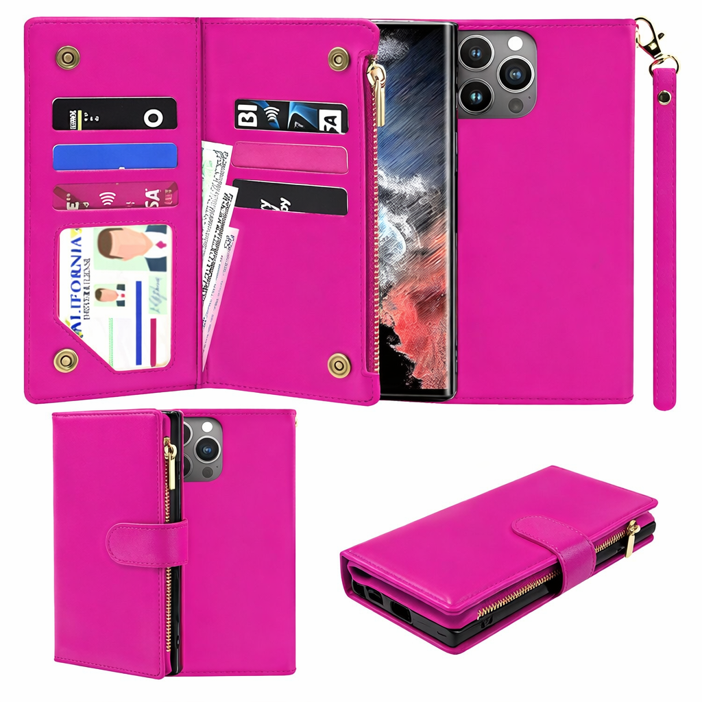 Multi-Card Wallet Phone Case – Hot Pink Bifold detachable Cover