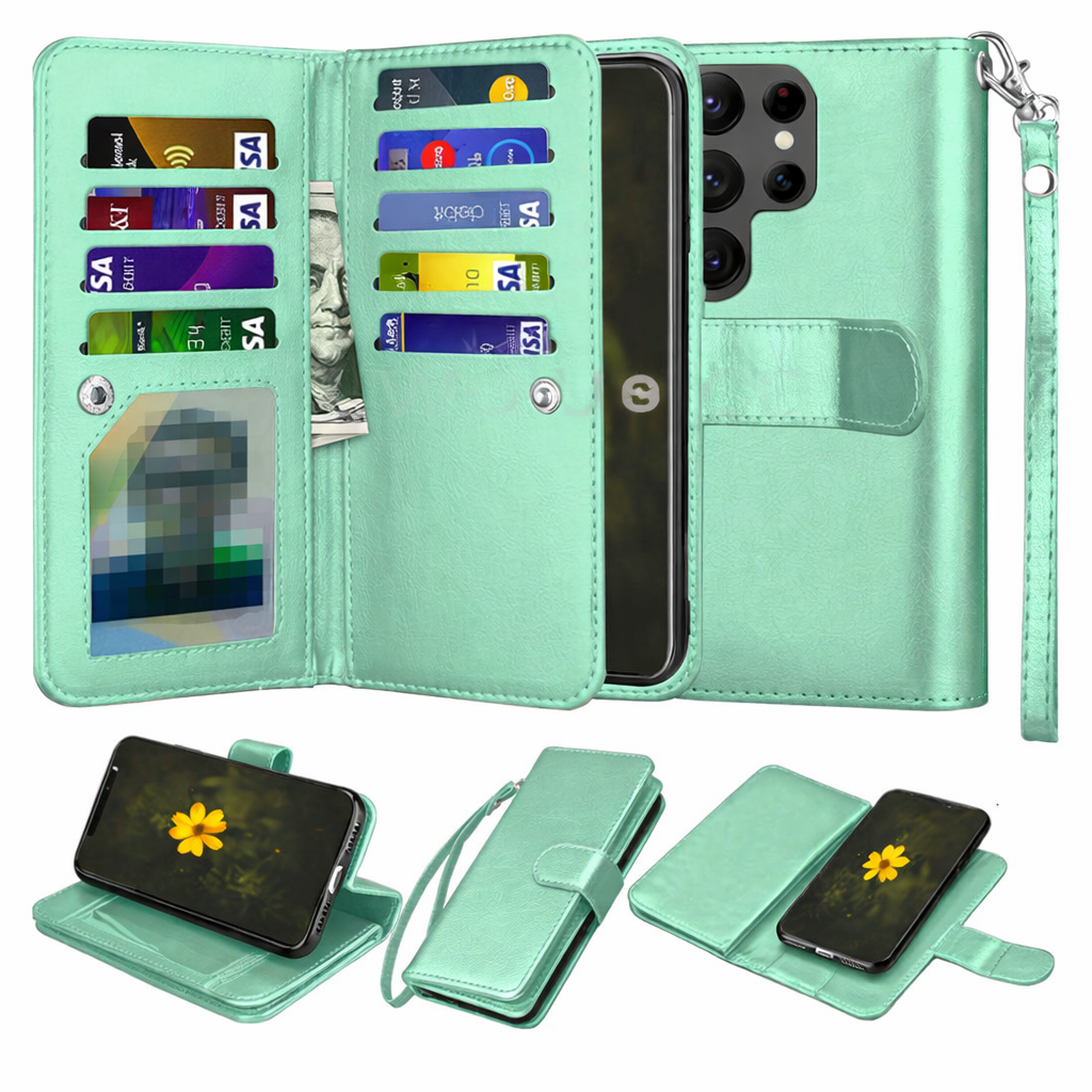 Multi-Card Wallet Phone Case – Teal Bifold detachable Cover