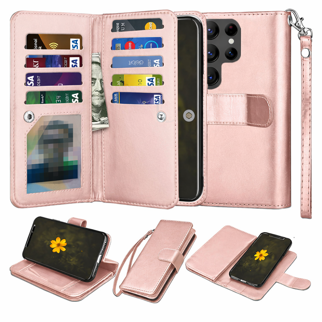 Multi-Card Wallet Phone Case – Rose Gold Bifold detachable Cover