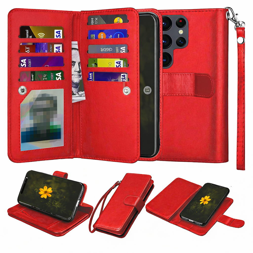 Multi-Card Wallet Phone Case – Red Bifold detachable Cover