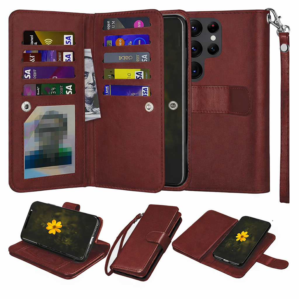 Multi-Card Wallet Phone Case – Wine Bifold detachable Cover