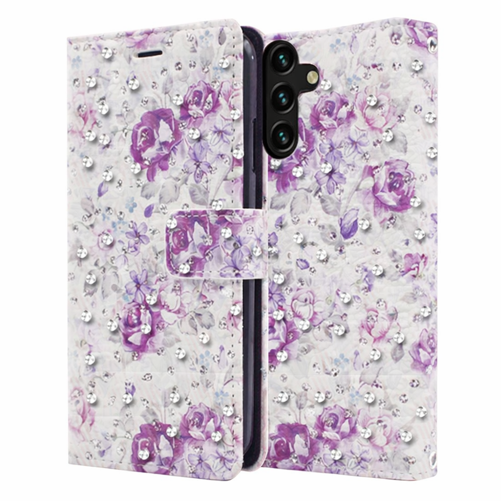 Wallet Phone Case – Purple Diamond Cover With Floral Design