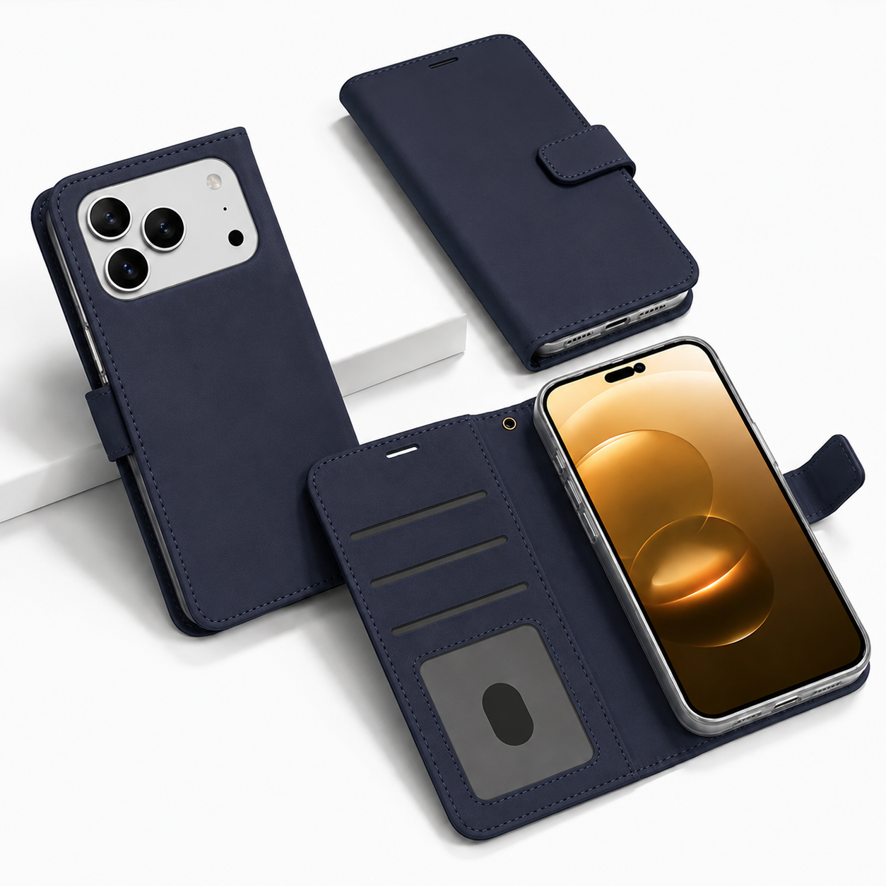 Navy Photo ID Wallet for Apple iPhone 17 Pro Max Leather Protective Flip Phone Case