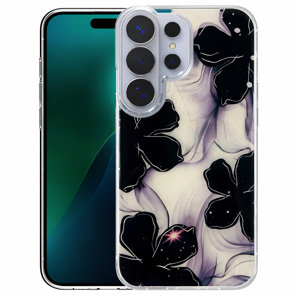 Dual Layer Phone Case – Black Marble Flowered Cover MagSafe Compatible