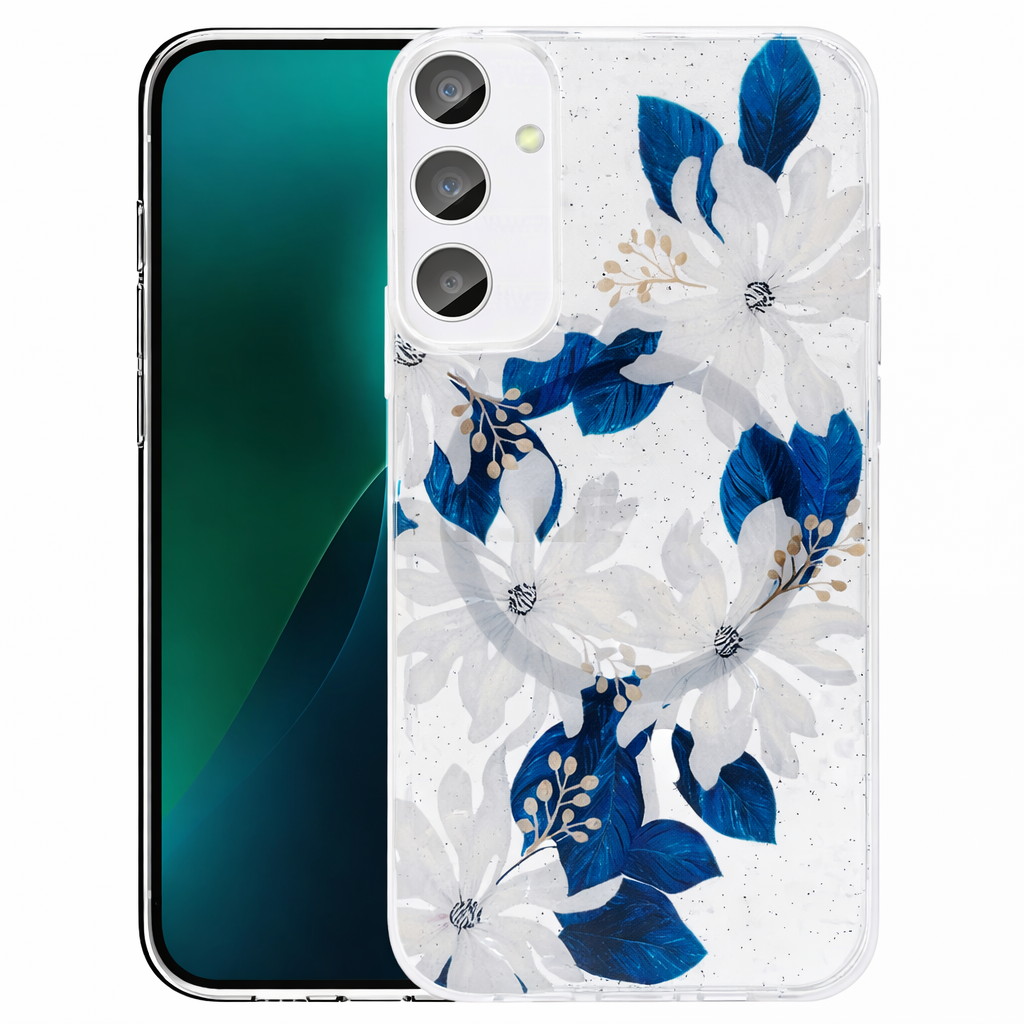 Dual Layer Phone Case – Blue White Flowered Cover MagSafe Compatible