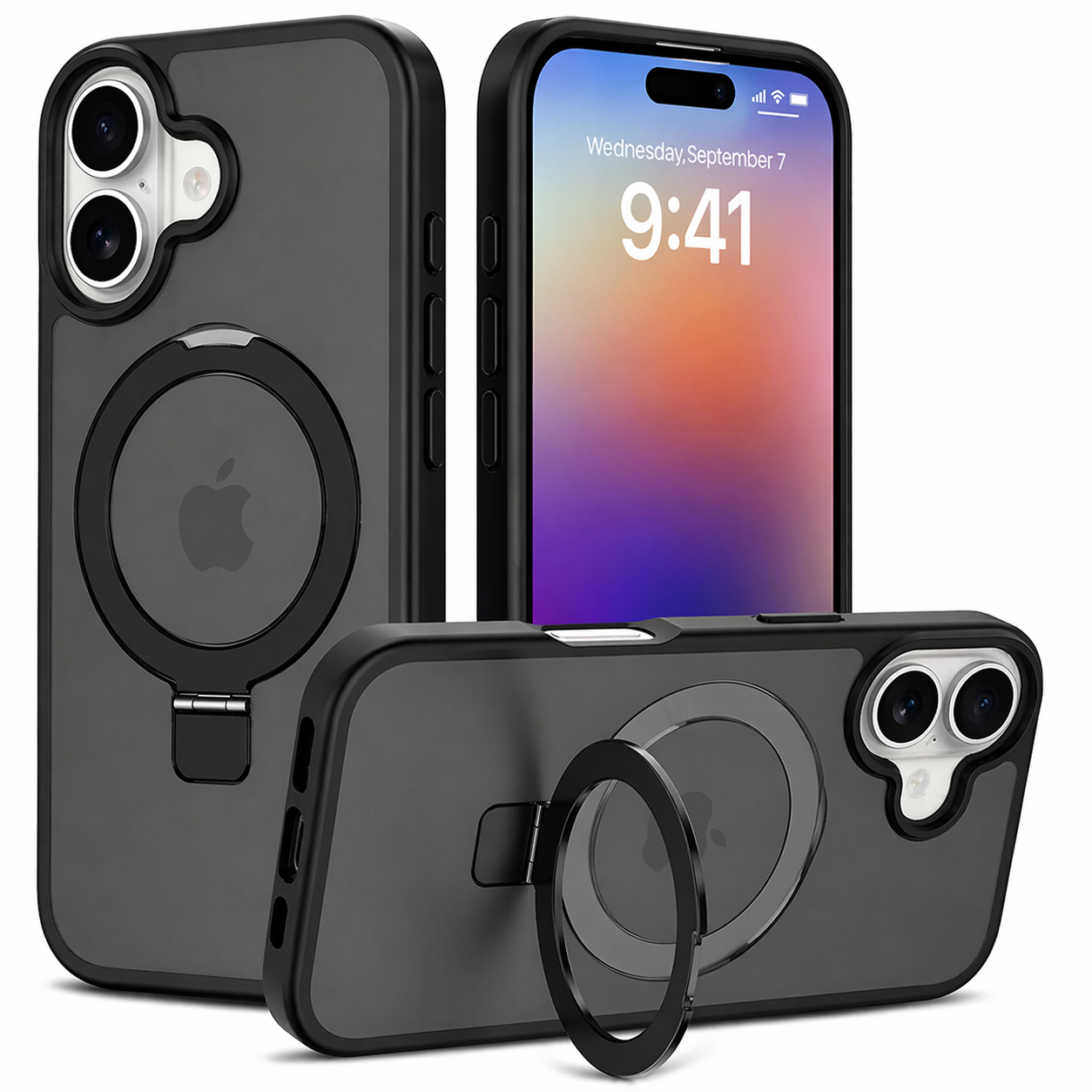 Dual Layer Phone Case – Black Robust Cover MagSafe Compatible With Ring Stand