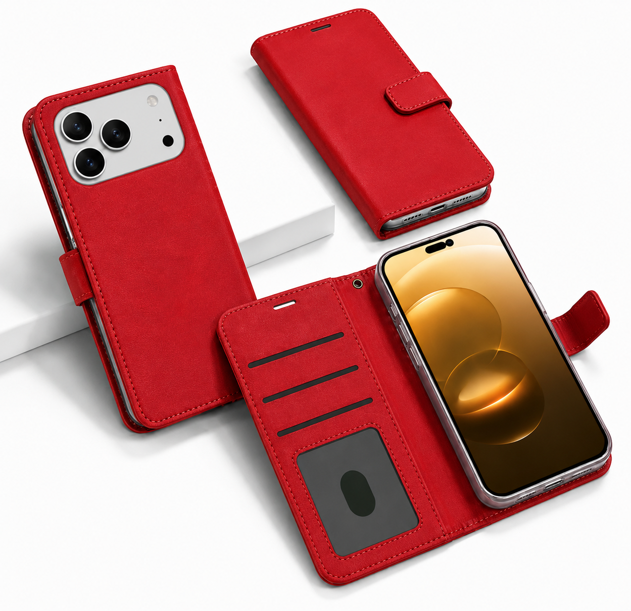 Luxury Red Leather Wallet Case for Apple iPhone 17 Pro Max with Protective Folio Cover and Magnetic Closure