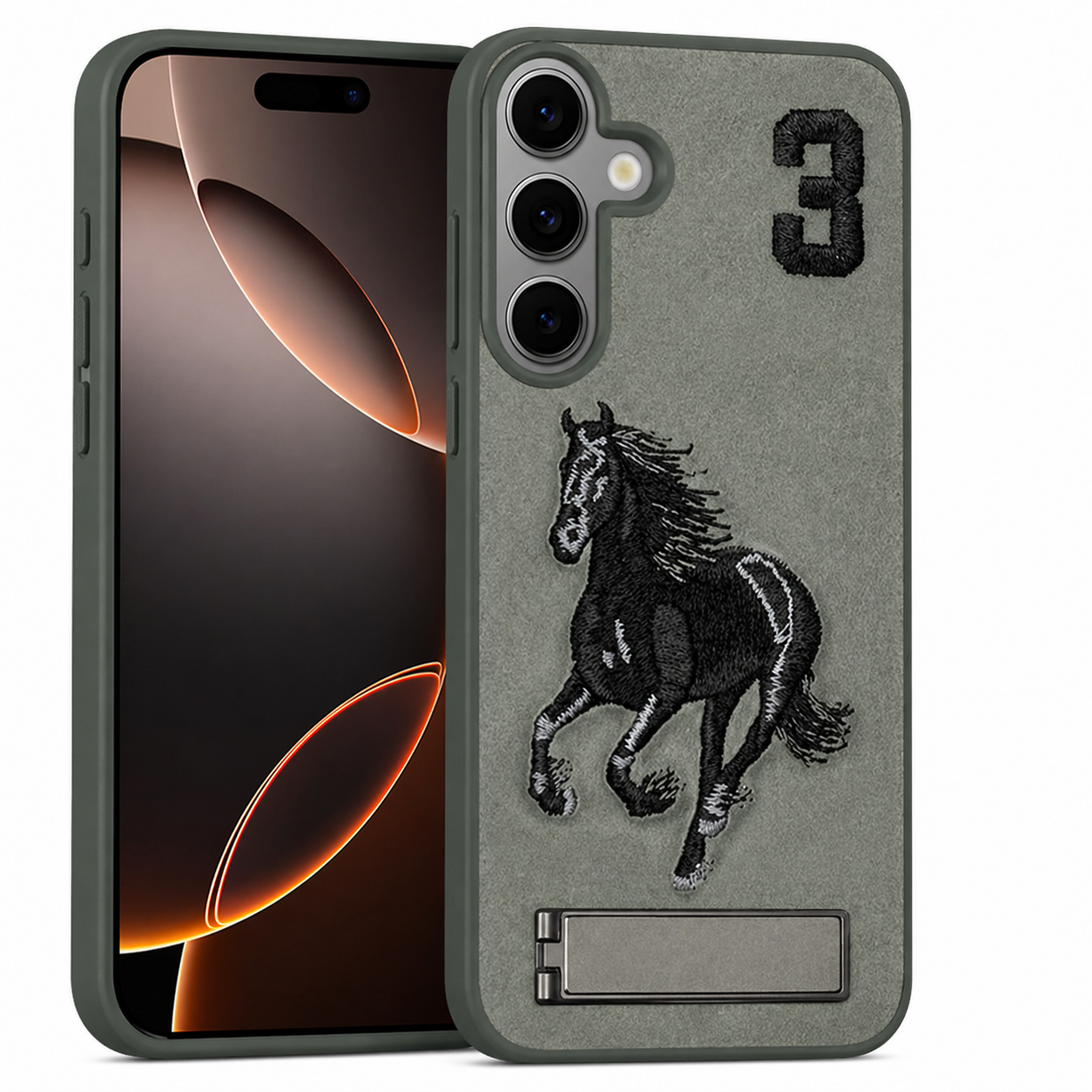 Dual Layer Phone Case – Grey Horse Design Cover MagSafe Compatible with Stand