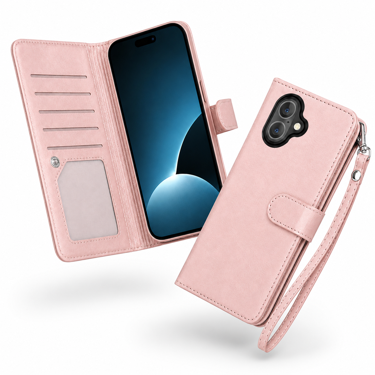 Rose gold iPhone 17 detachable wallet case with cash pocket and camera protection