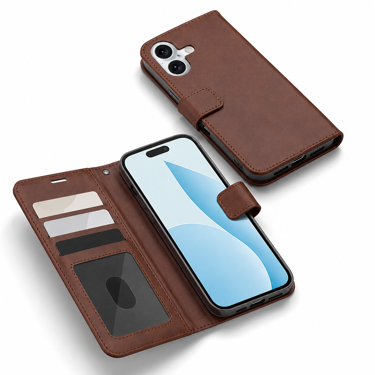 Premium brown leather-style card holder case for Apple iPhone 17