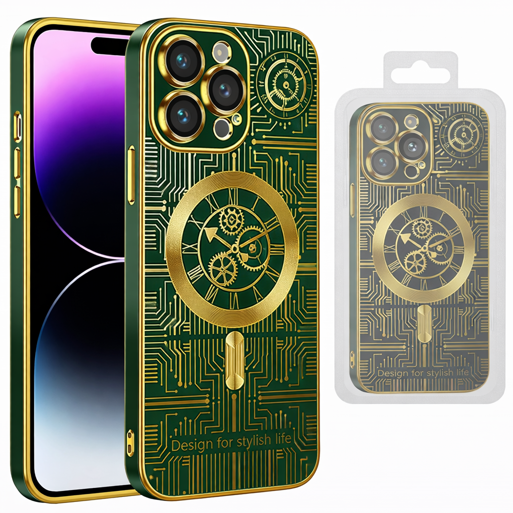 MagSafe Compatible Phone Case – Midnight Green Clock Mechanism Board MagSafe Slim Protective Cover with Wireless Charging Compatibility