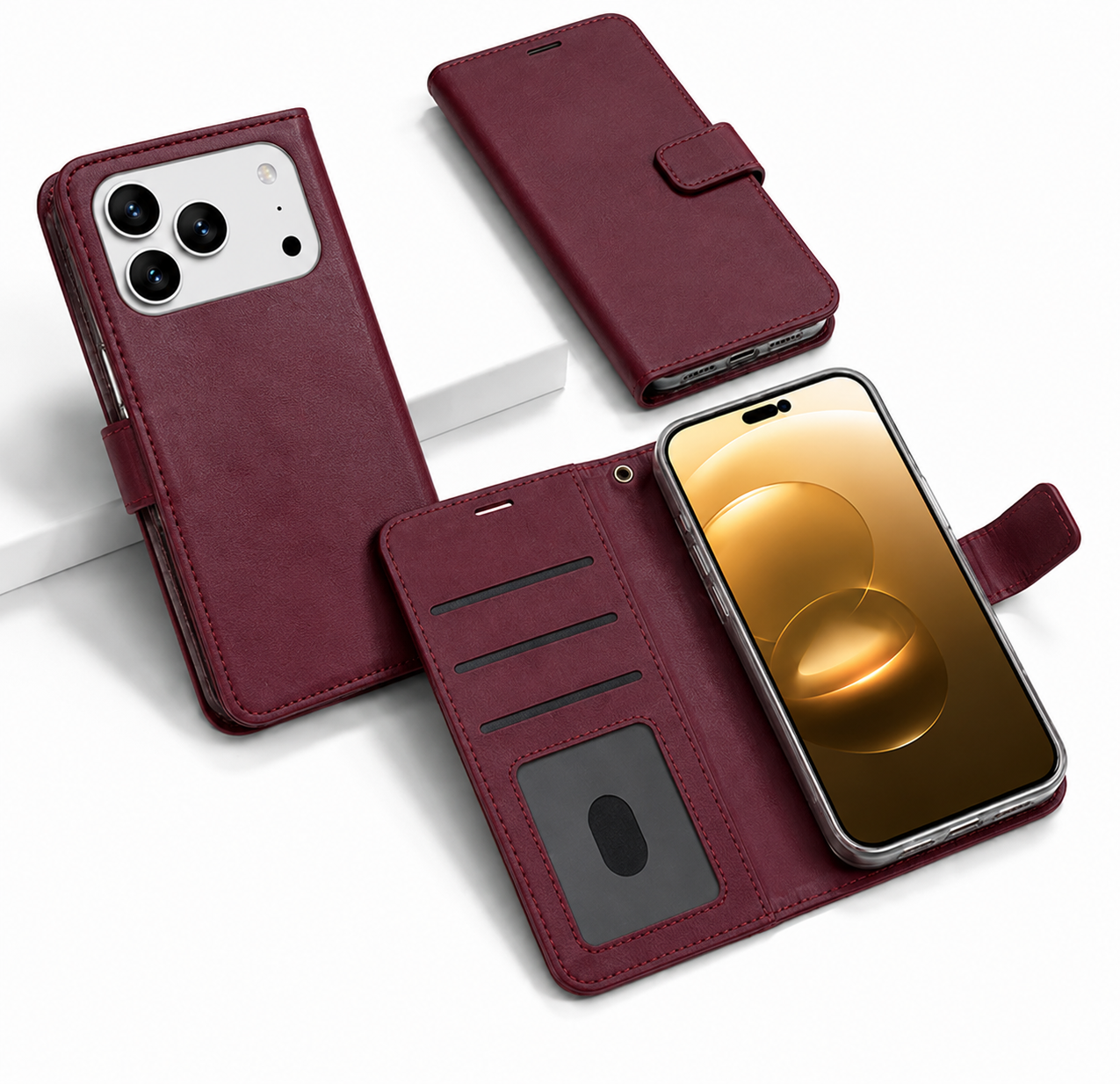 Wine Photo ID Wallet for Apple iPhone 17 Pro Max Leather Protective Flip Phone Case