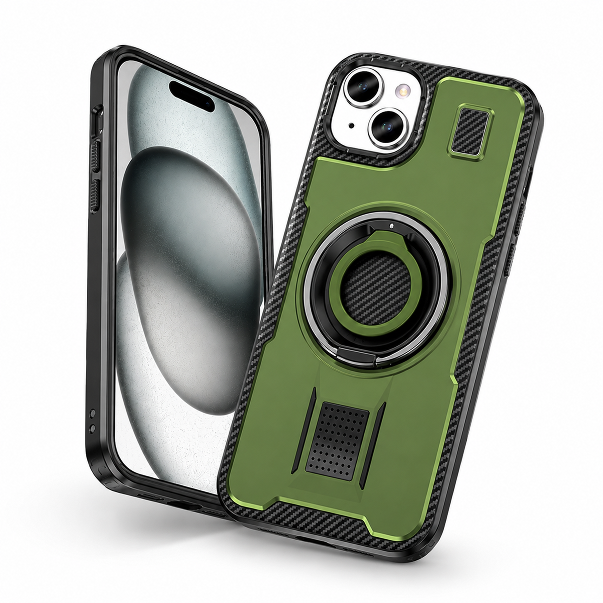 Metallic Ring Grip Stand Case for Apple iPhone 13 - Green