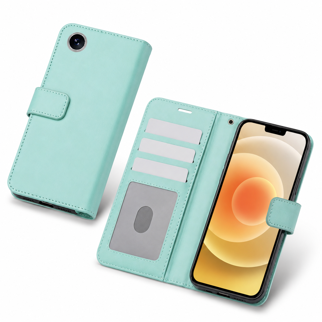 Teal leather-style iPhone wallet cover with magnetic closure and stand function