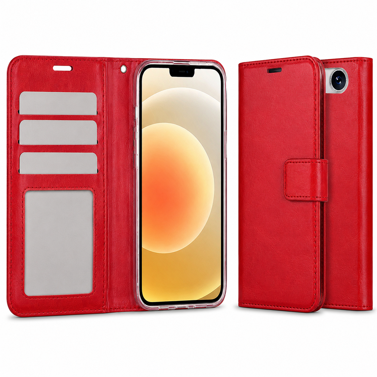 Red iPhone wallet cover with card slots, stand function and magnetic fastening