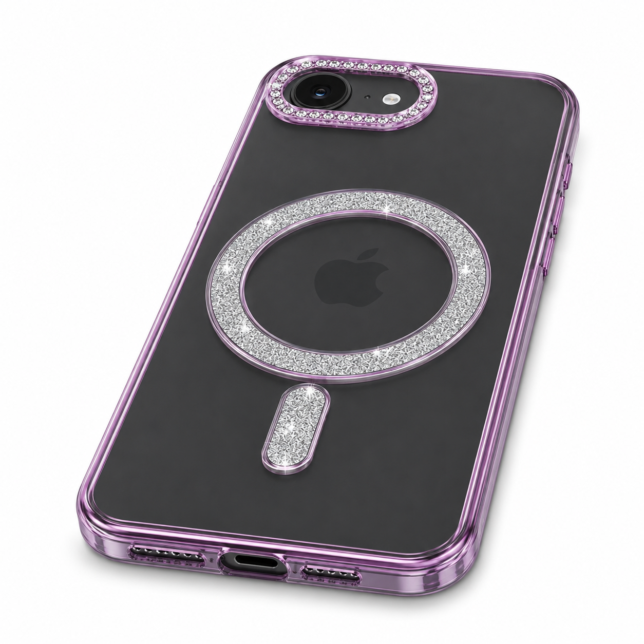 Apple iPhone 17e and 16e purple glitter case angled view – smartphone accessories Canada