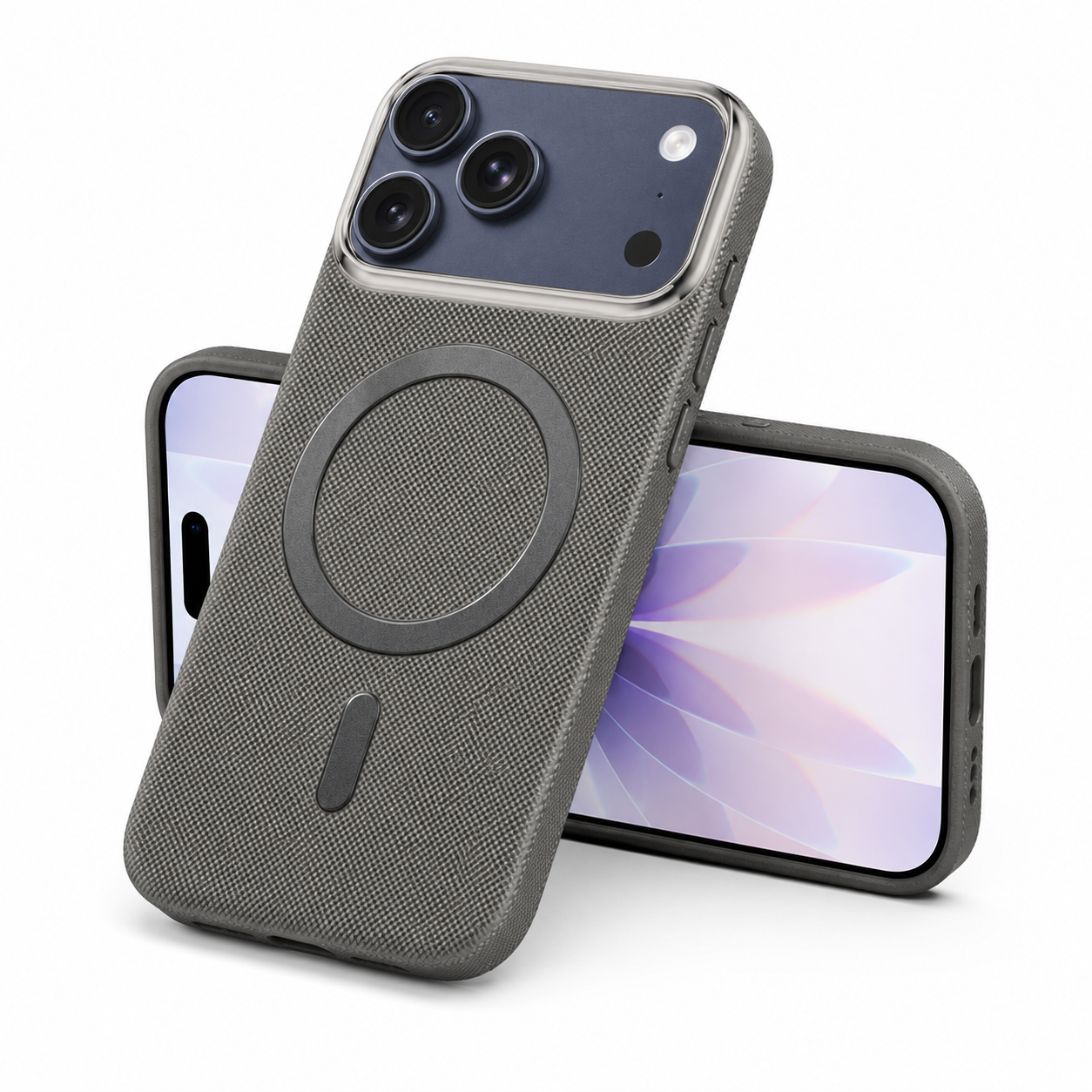 Grey Protective Fabric Case for Apple iPhone 17 Pro Max, MagSafe mobile cover, shockproof phone cover, wireless charging compatible phone case, durable smartphone case, premium Apple iPhone 17 Pro Max case