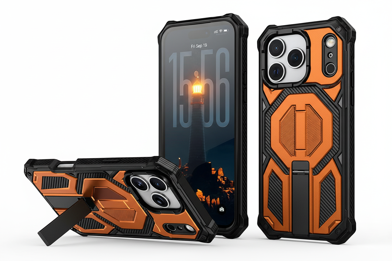 Heavy duty Orange phone case with MagSafe Compatible Cover with Stand