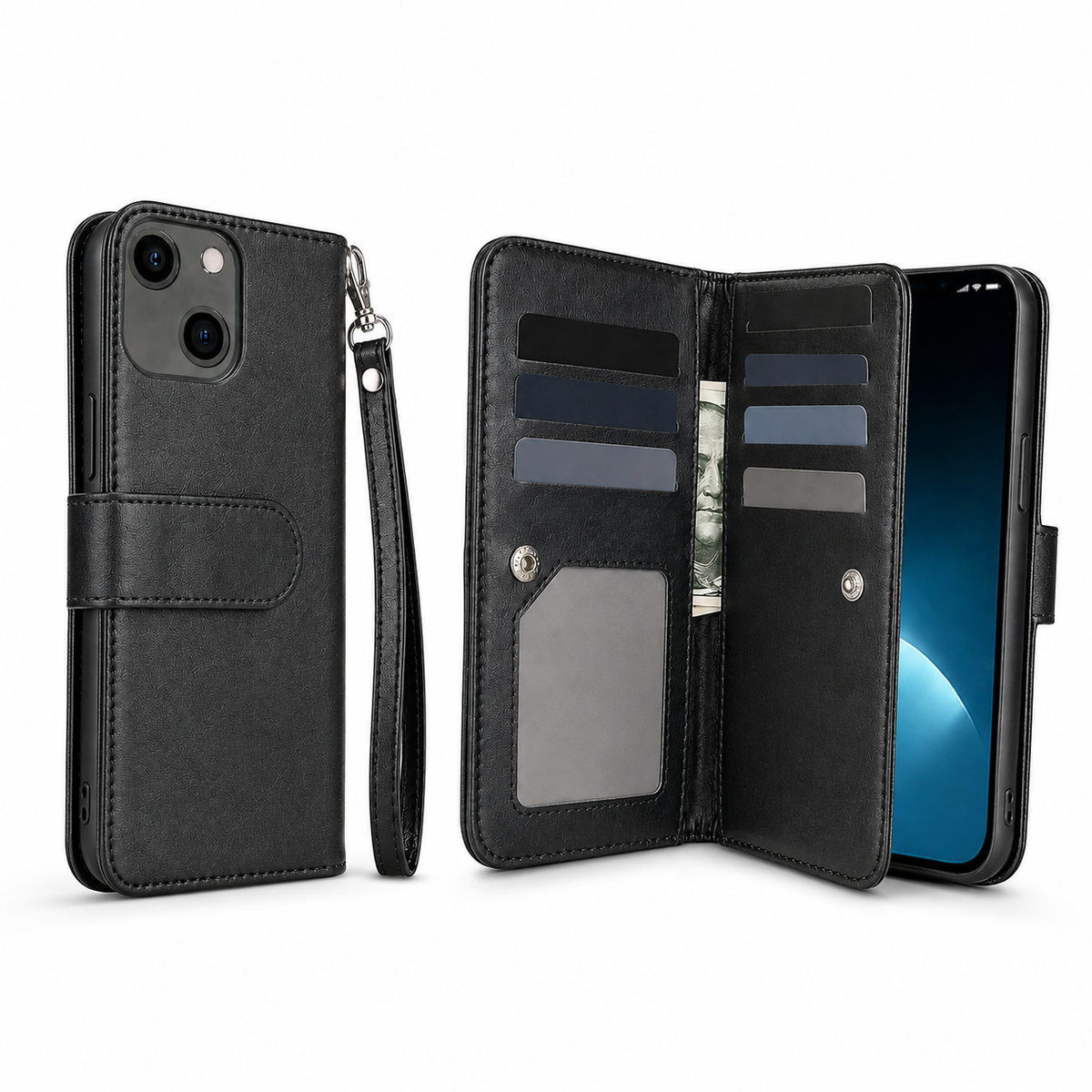 Bifold 9 Card Wallet Case for Apple iPhone 14 - Black