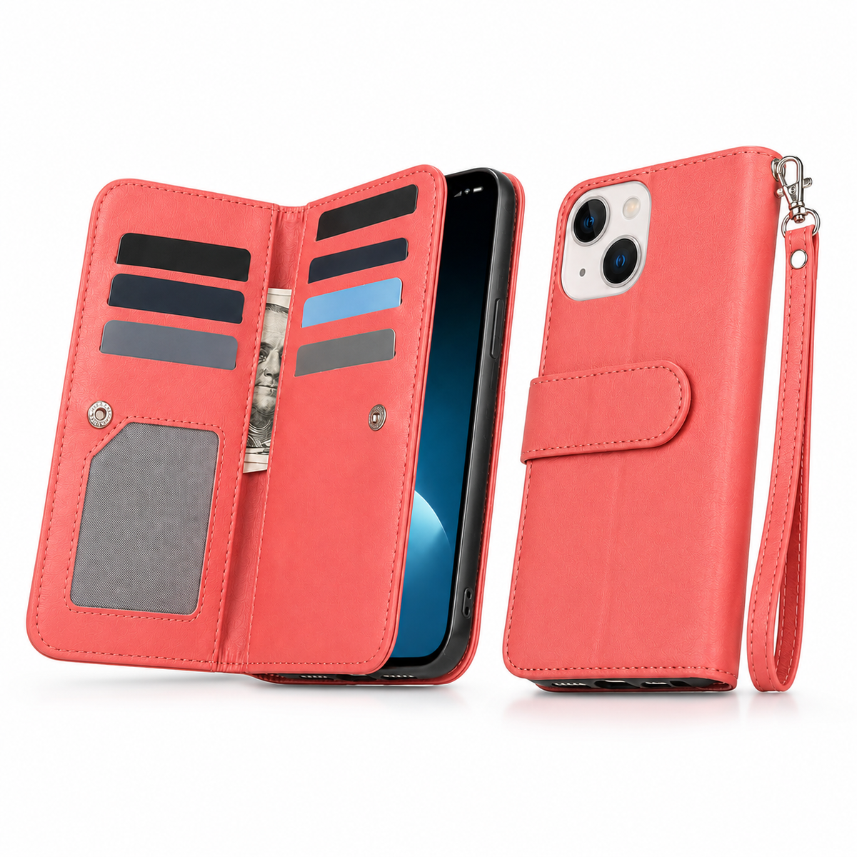 Bifold 9 Card Wallet Case for Apple iPhone 13 - Red