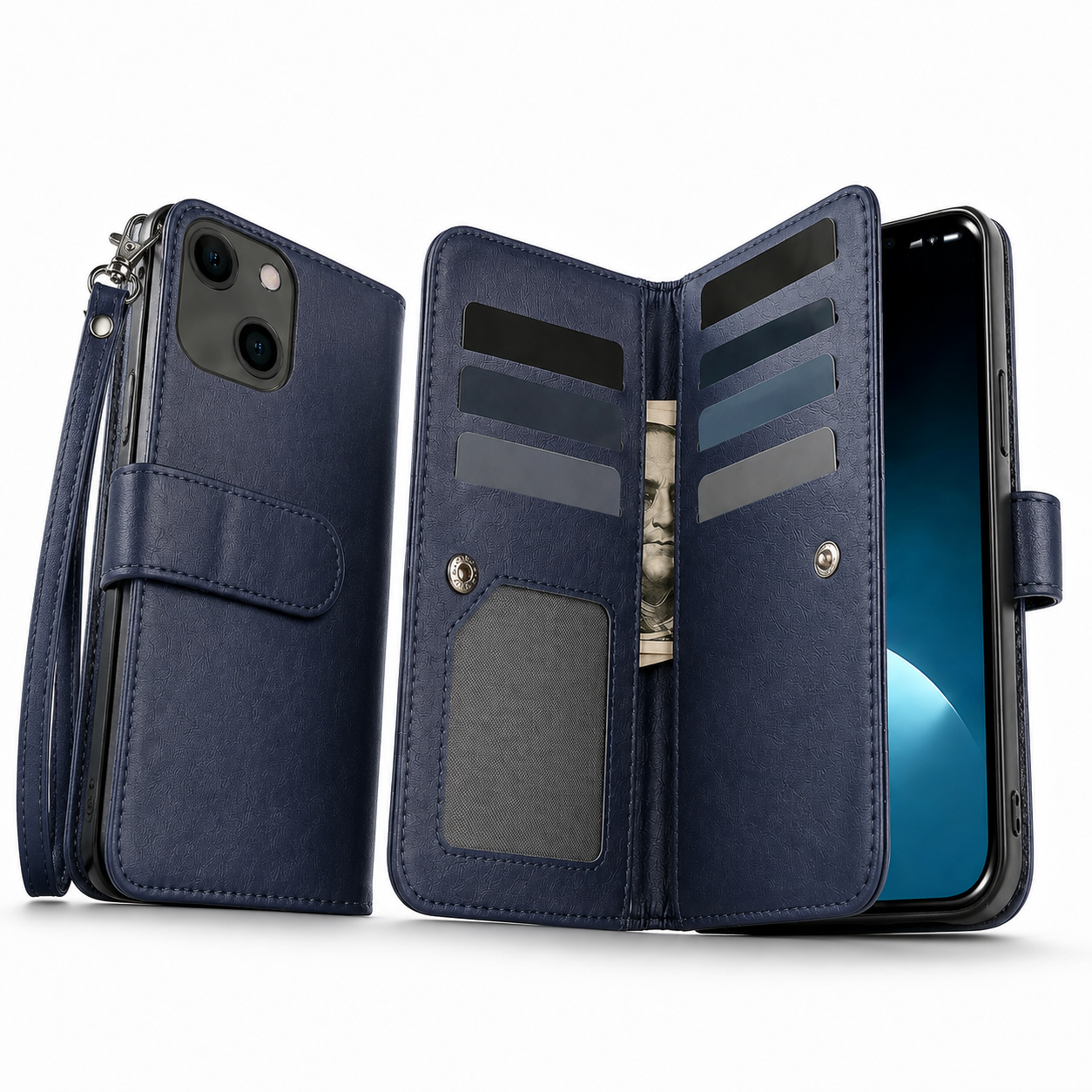 Bifold 9 Card Wallet Case for Apple iPhone 13 - Navy