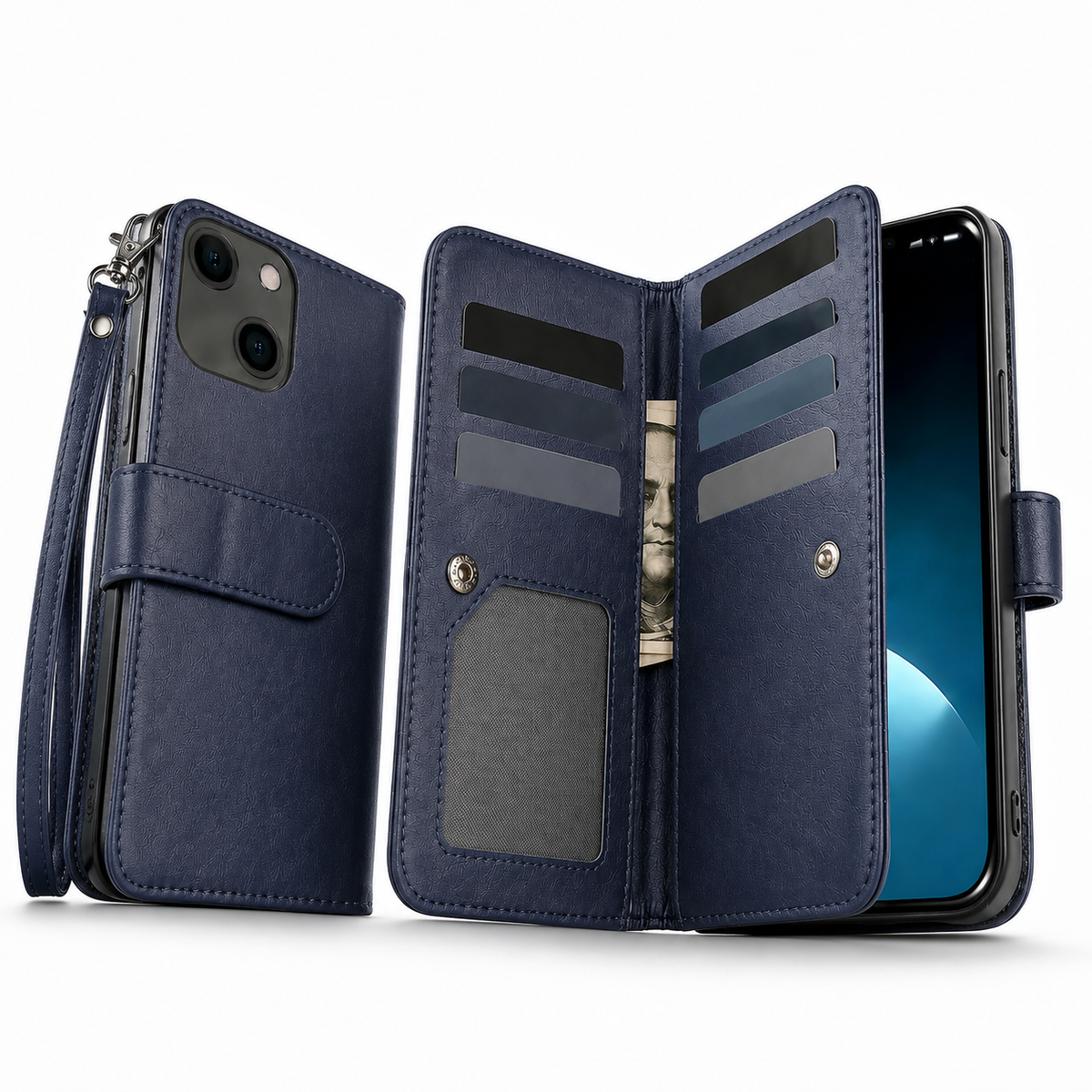 Bifold 9 Card Wallet Case for Apple iPhone 14 - Navy
