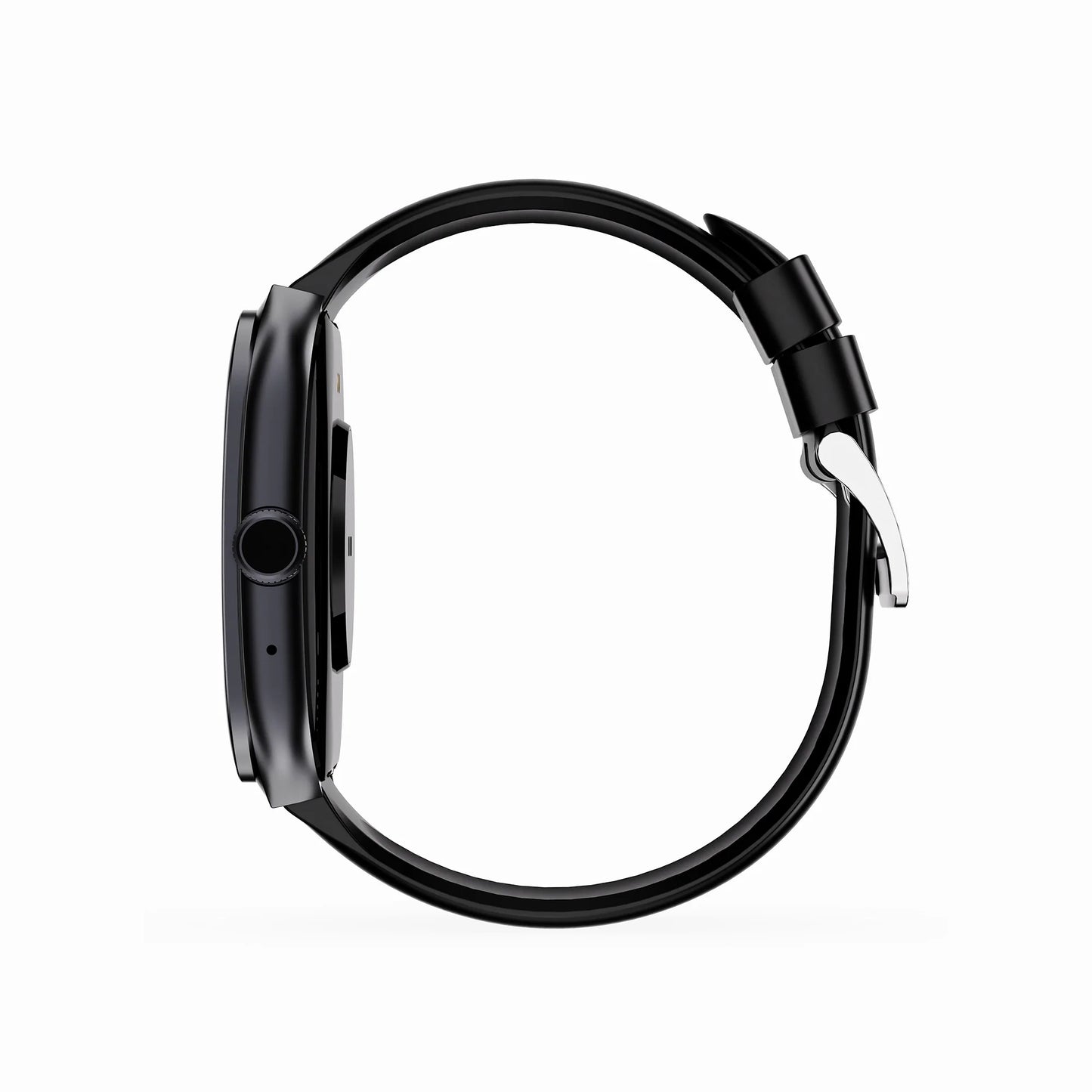 future tech gadgets Canada. smart tech store Canada. Techtron FAMO89 Fashion Smart Watch. Gallery image 15. The smartwatch is displayed in profile, centered against a seamless white background. The body is sleek and matte black, with a round face and a prominent side button. A small microphone hole is visible near the top edge, and the strap is made of a flexible black material, curving smoothly around the wrist. The clasp is metallic, adding a touch of contrast.