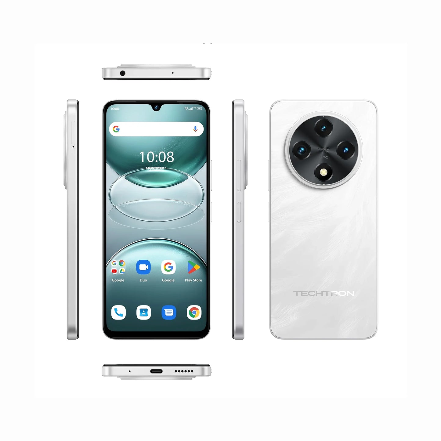 future tech gadgets Canada. smart tech store Canada. Techtron G100 128GB Smart Phone. Gallery image 1. The smartphone is displayed from multiple angles, with the front view prominently featuring a large screen that shows the time and app icons. The device has a sleek, glossy white finish, with a rounded camera module on the back housing three lenses. The sides are slim and silver, showcasing buttons for volume and power. The background is plain white, emphasizing the phone's design.