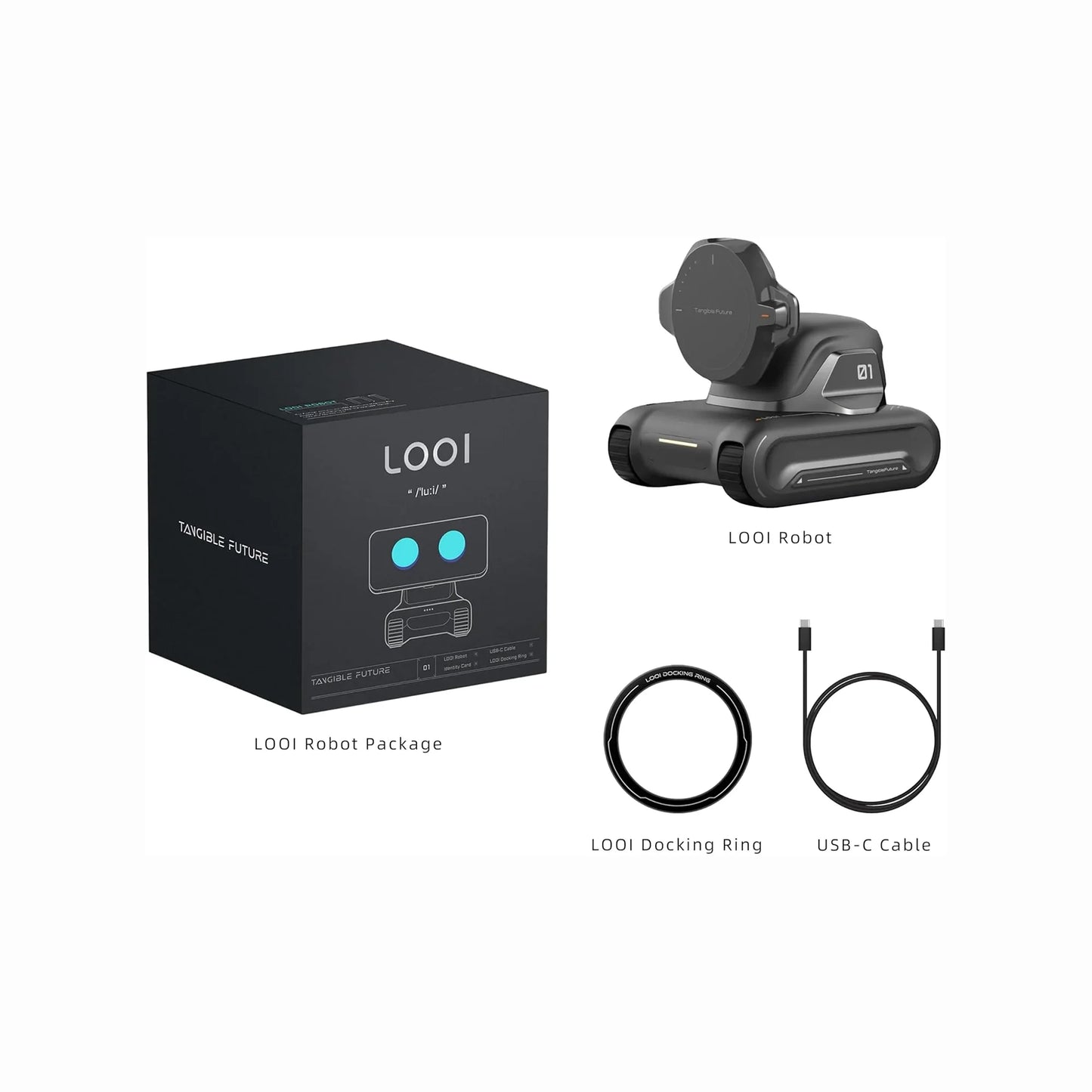 future tech gadgets Canada. smart tech store Canada. LOOI L01 AI Desk Companion Robot. Gallery image 6. The image features a LOOI robot positioned prominently in the center, angled slightly to showcase its design. It has a sleek, matte gray body with a rounded top and two blue lights resembling eyes. To the left, the black packaging displays the LOOI logo and product name, with a minimalist design. Below the robot, a circular docking ring and a USB-C cable are neatly arranged, both in black.