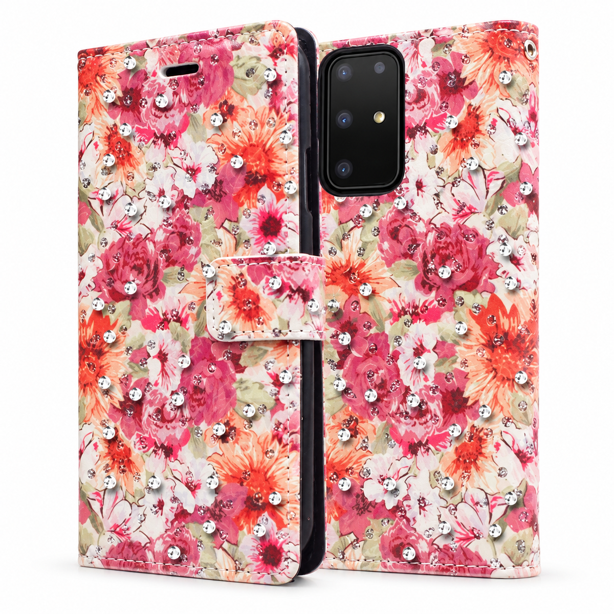 Diamond Wallet with Floral Design Case for Samsung Galaxy S20 Plus - Orange Pink