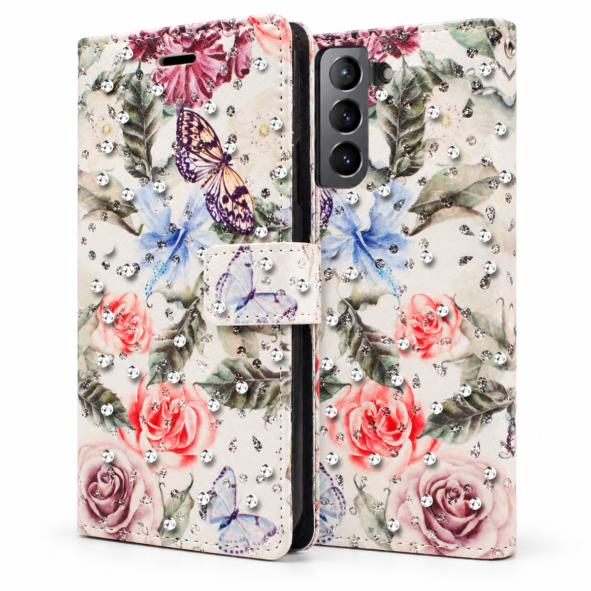 Diamond Wallet w/ Floral Design for Samsung Galaxy S23 Plus - White Butterfly