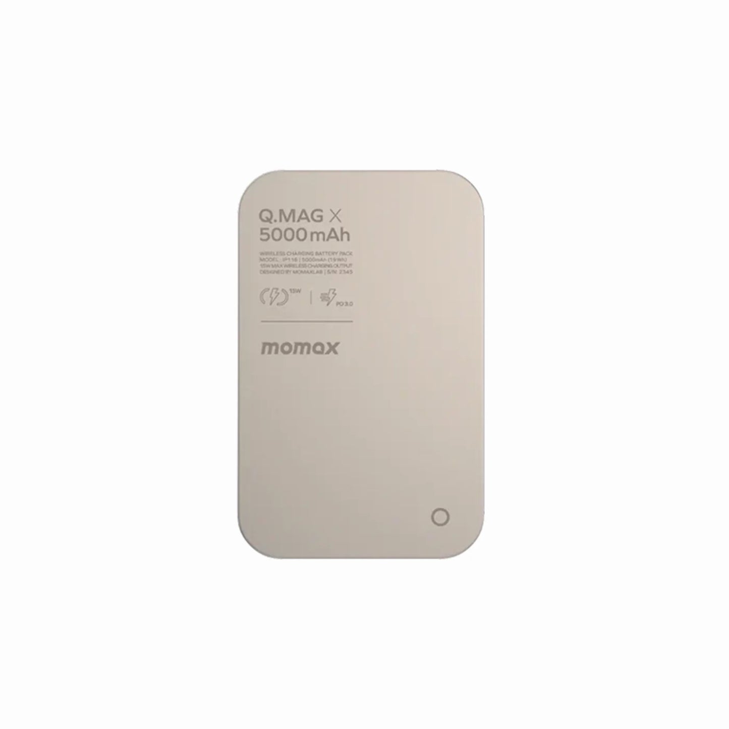 future tech gadgets Canada. premium tech accessories Canada. Momax Q.Mag X 5000mAh Wireless Battery Pack. Gallery image 8. The image features a rectangular, light gold wireless charging battery pack, centered in the frame against a plain white background. The surface of the battery pack has a smooth, matte finish, with rounded corners.