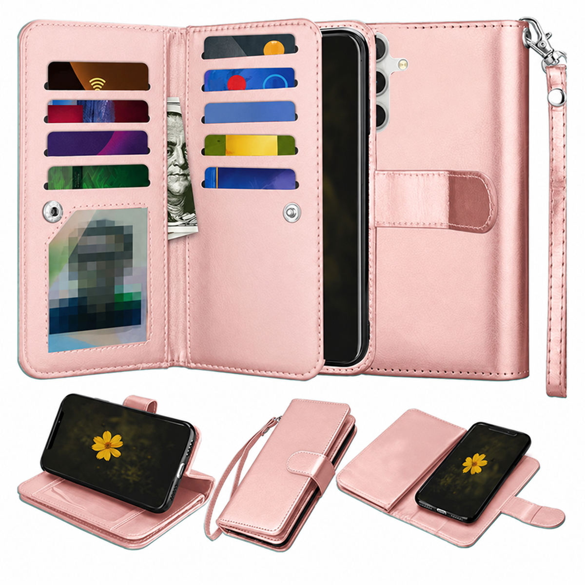Bifold 9 Card detachable wallet for Samsung Galaxy S24 Plus - Rose Gold