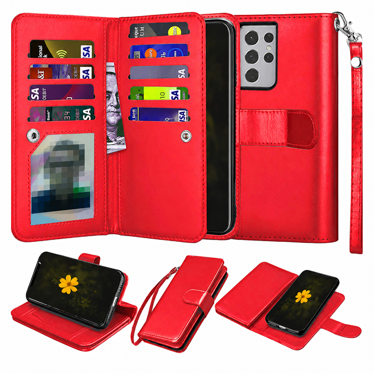 Bifold 9 Card detachable wallet for Samsung Galaxy A32 5G - Red