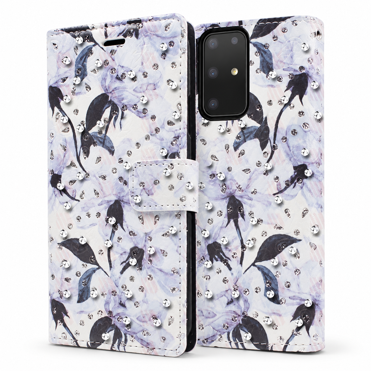 Diamond Wallet with Floral Design Case for Samsung Galaxy S20 Plus - Light Blue Lily