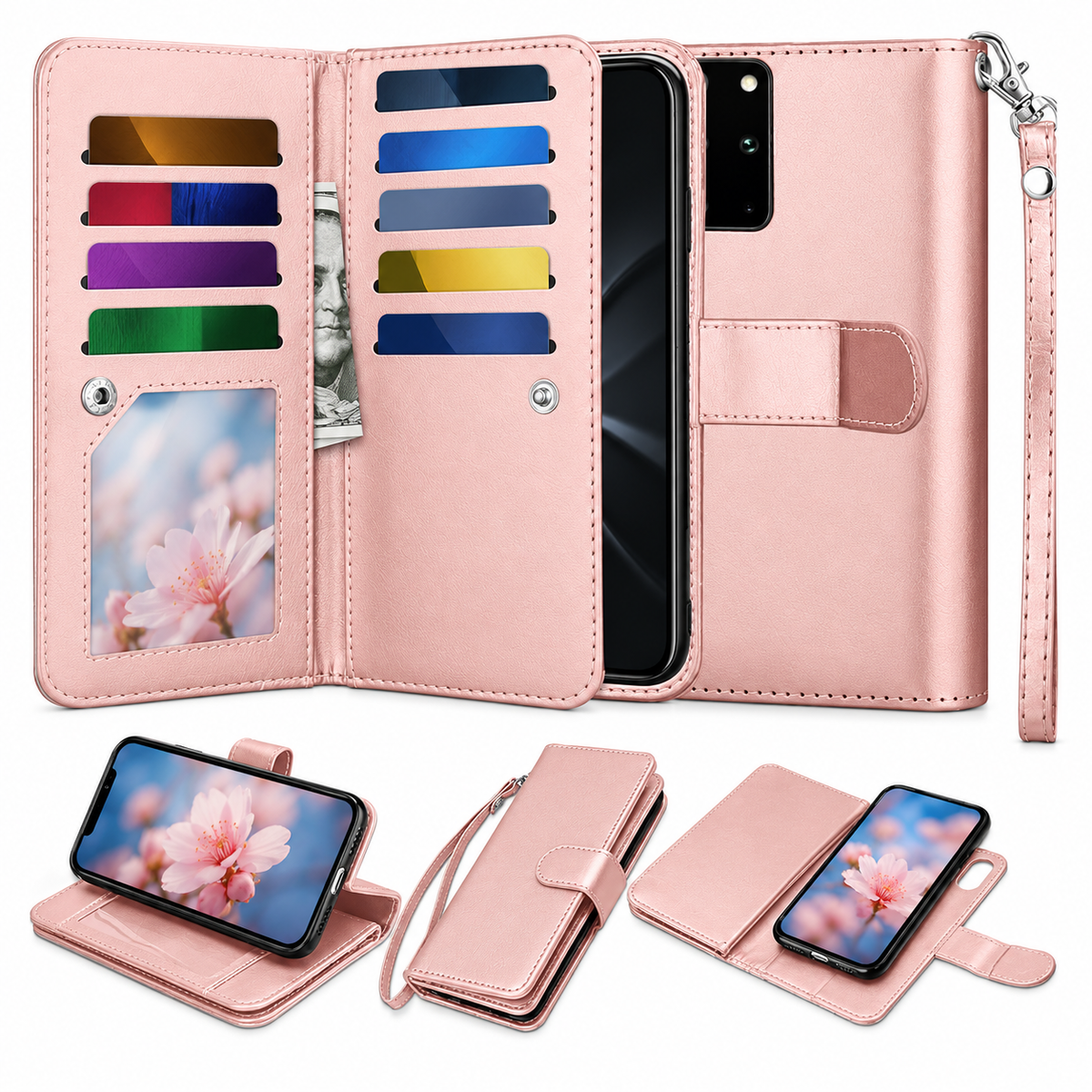 Bifold 9 Card Detachable Wallet Case for Samsung Galaxy S20 Plus - Rose Gold