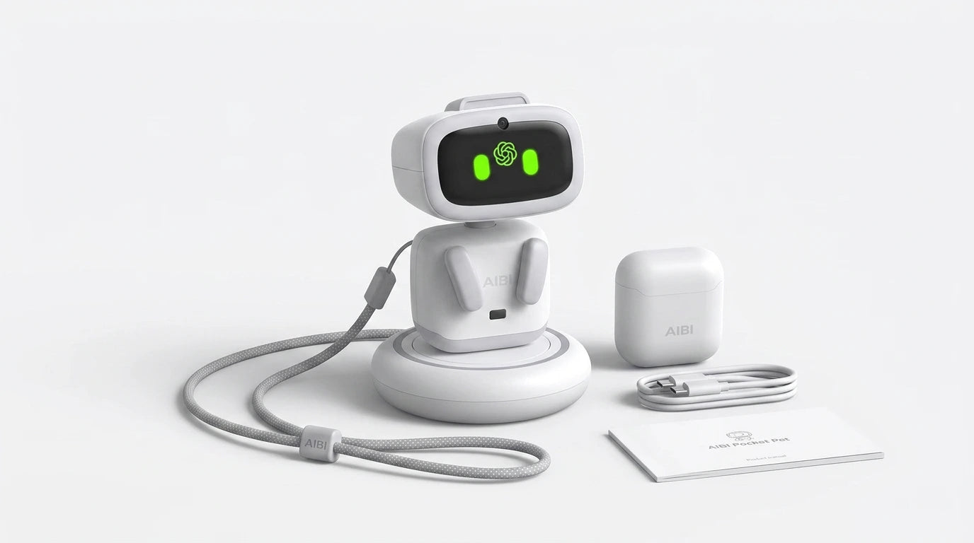 smart tech store Canada. premium tech accessories Canada. AIBI Pocket AI Companion Pet Robot. Gallery image 10. Lines name one specific SKU—never substitute a generic lookalike from the category. After review passes, each render should still read as a fresh studio viewpoint of that same physical unit.