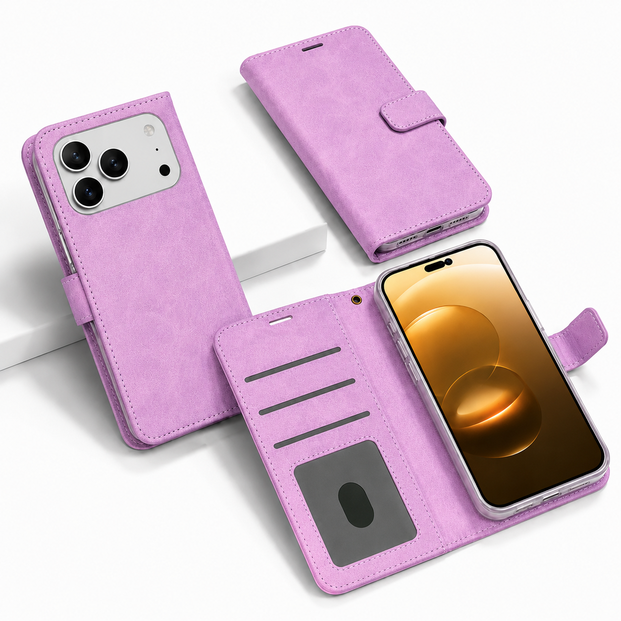 Purple Photo ID Wallet for Apple iPhone 17 Pro Max Leather Protective Flip Phone Case
