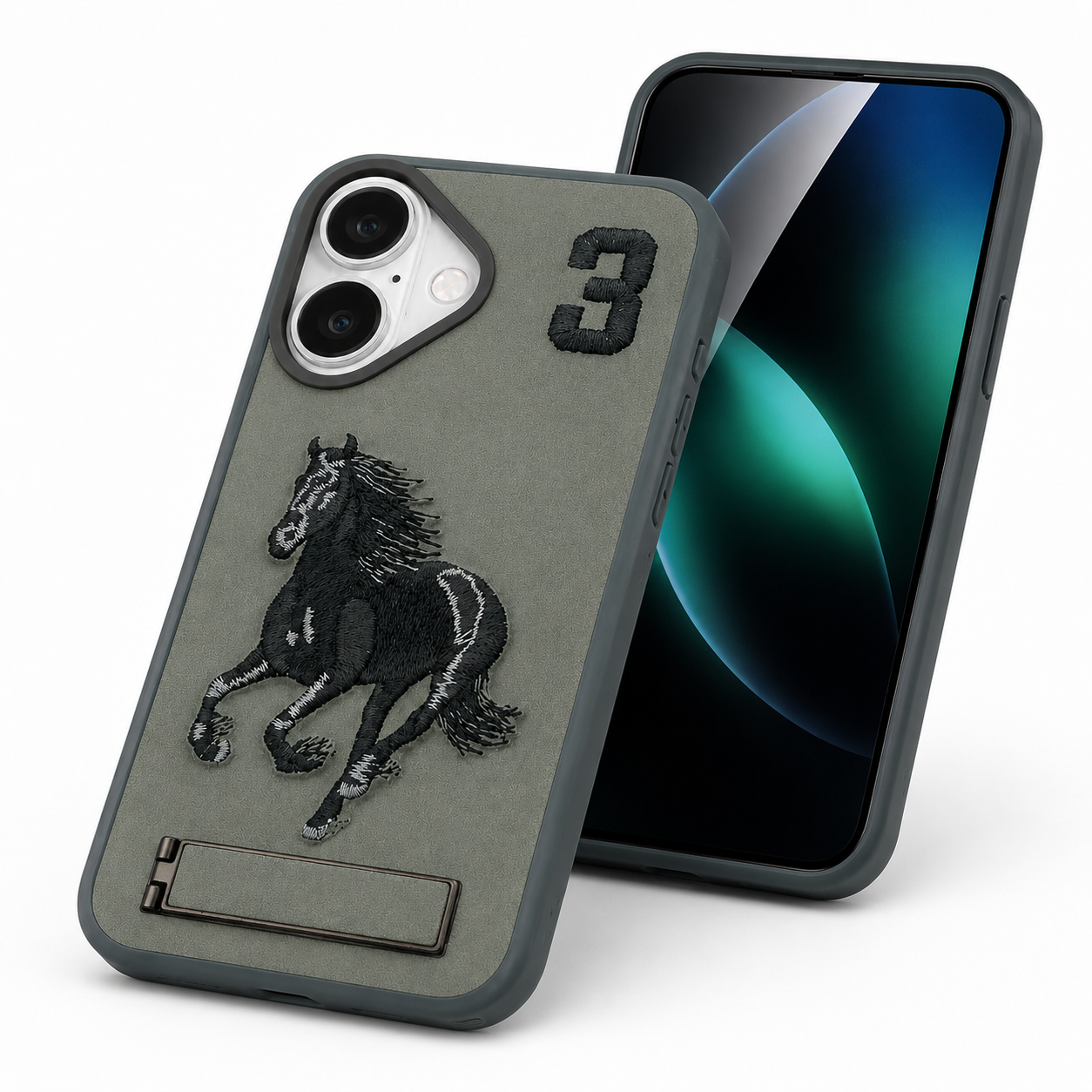 OTCR Horse Design Stand Case, Slim Protective iPhone 16 Case, Impact Resistant Phone Cover, Everyday Protective Smartphone Case