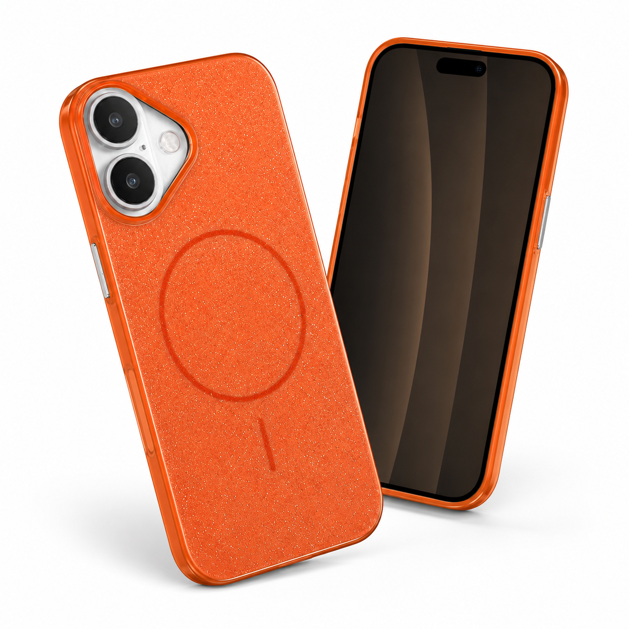 Orange Glitsy MagSafe Phone Case, Durable iPhone 16 Cover, Stylish Protective Smartphone Case