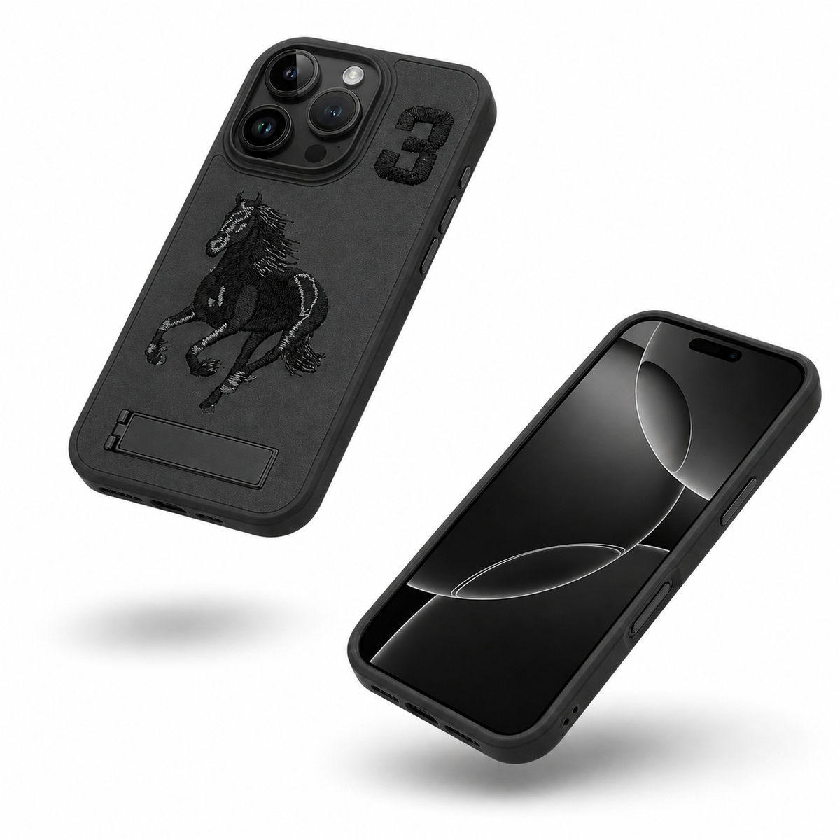 Slim black iPhone 12 Pro horse design kickstand case