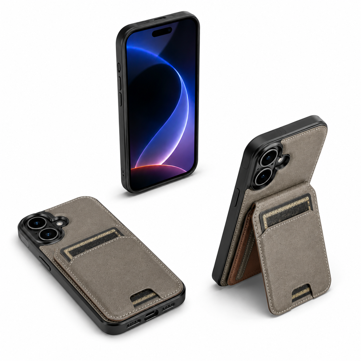 Slim Grey Leather Card Holder Case for Apple iPhone 16 Durable Protective Mobile Cover