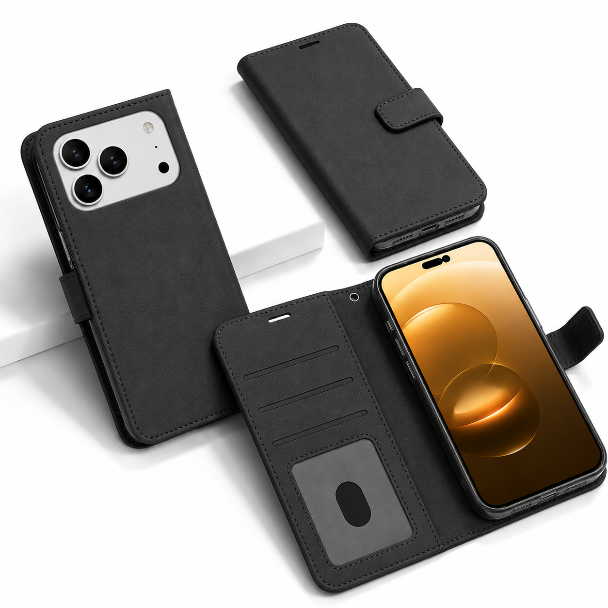 Black Photo ID Wallet for Apple iPhone 17 Pro Max Leather Protective Flip Phone Case